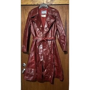 Vintage 100% Leather Suburban Heritage Trench Coat Red Wine 70's? Size 16 Belted